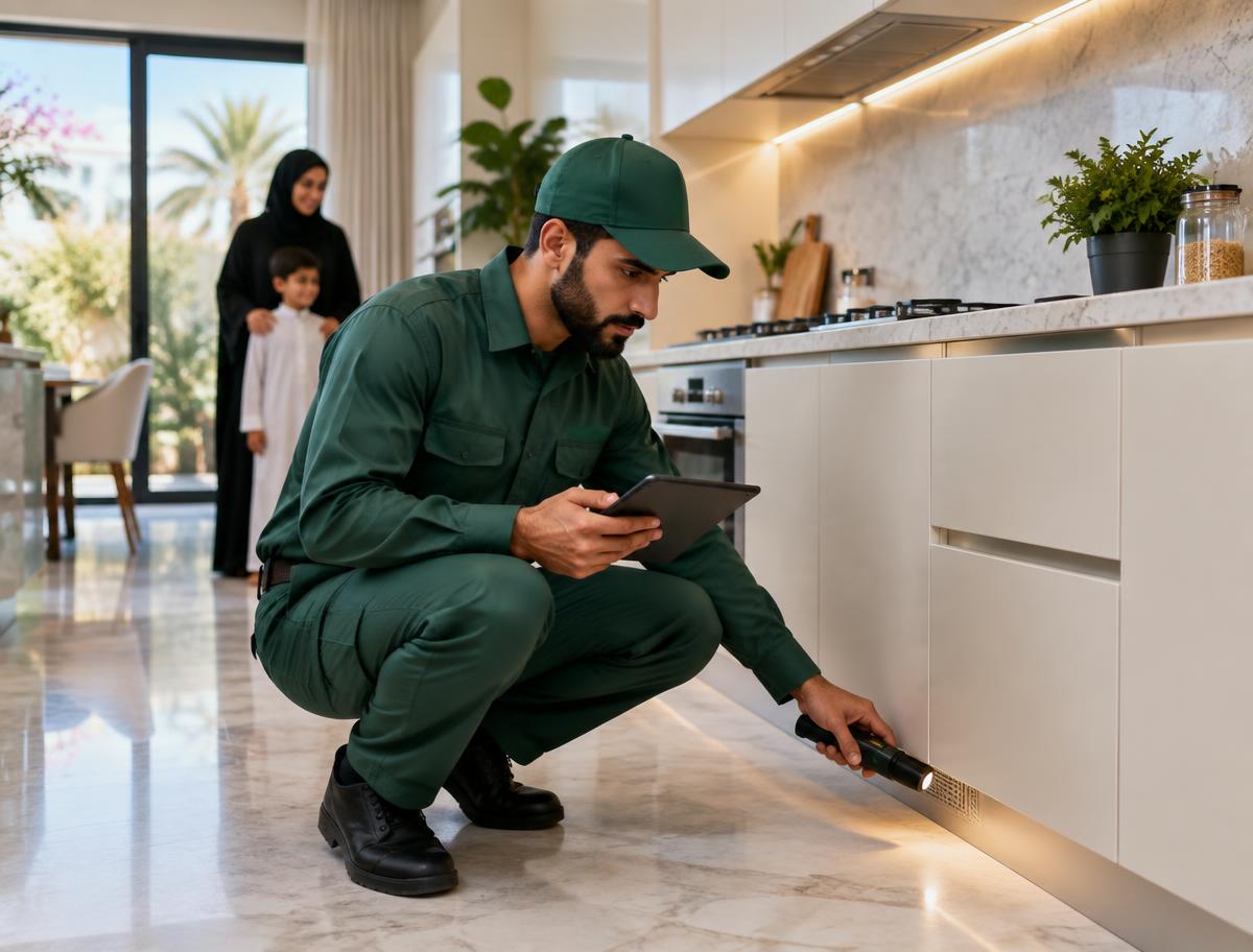 فني يفحص المطبخ بمعدات حديثة